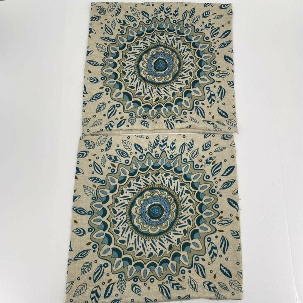 Pillow Shams Covers Set of 2 Blue Beige Floral Mandala Zipper Decor 17 X 17 In